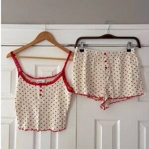 Cider Red Polka Dot Pointelle Pajama Set Lace Trim Camisole and Shorts Cream